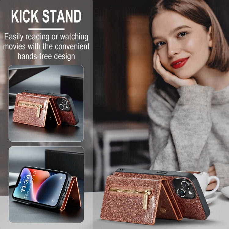 For iPhone 15 Plus DG.MING M3 Series Glitter Powder Card Bag Leather Phone Case(Rose Gold) - HoMEdemic™ 
