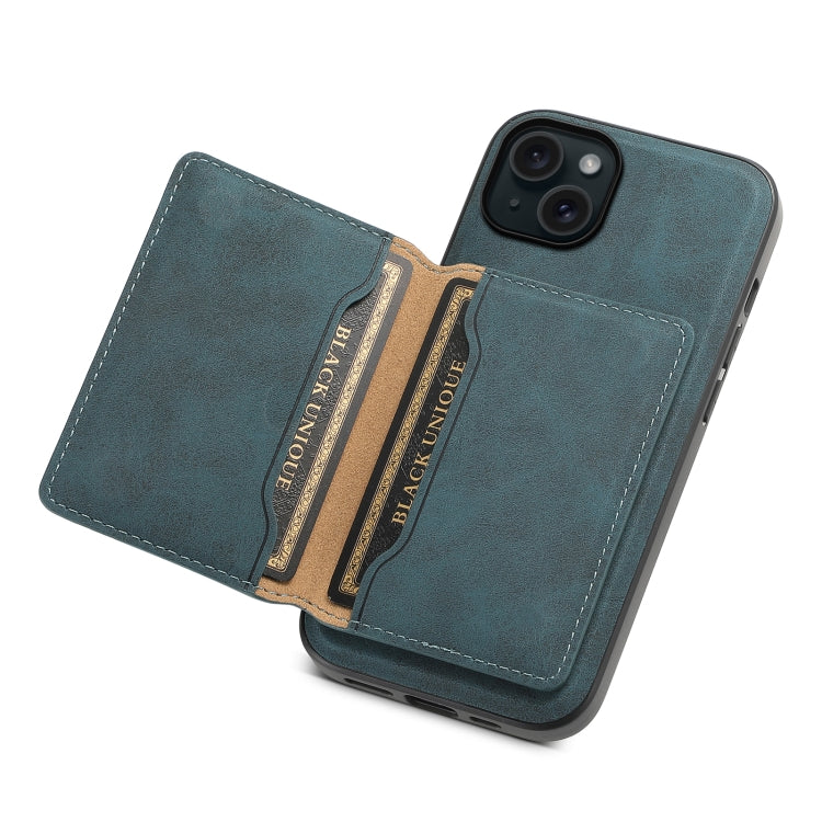 For iPhone 15 Plus Denior D13 Retro Texture Leather MagSafe Card Bag Phone Case(Blue) - HoMEdemic™ 