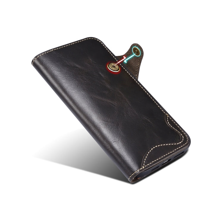 For iPhone 15 Plus Denior Oil Wax Cowhide Magnetic Button Genuine Leather Case(Black) - HoMEdemic™ 