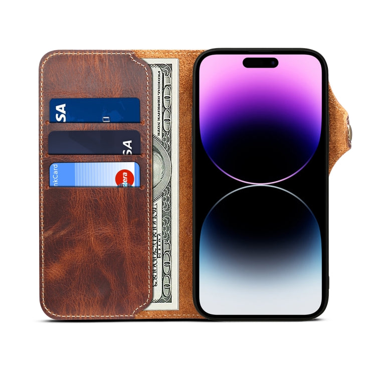 For iPhone 15 Plus Denior Oil Wax Cowhide Magnetic Button Genuine Leather Case(Brown) - HoMEdemic™ 