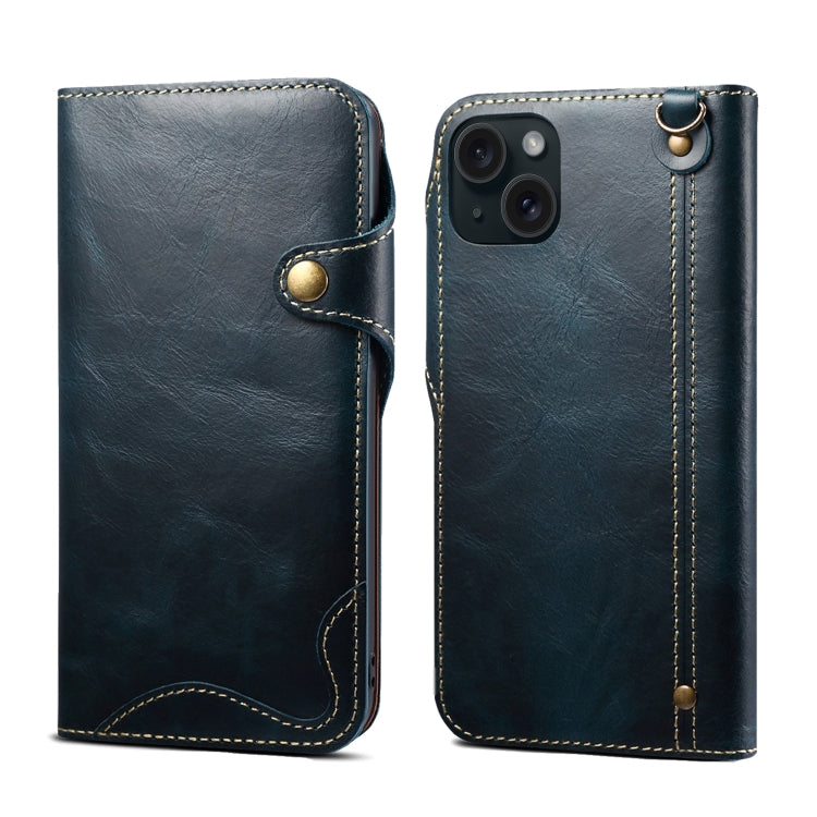 For iPhone 15 Plus Denior Oil Wax Cowhide Magnetic Button Genuine Leather Case(Dark Blue) - HoMEdemic™ 