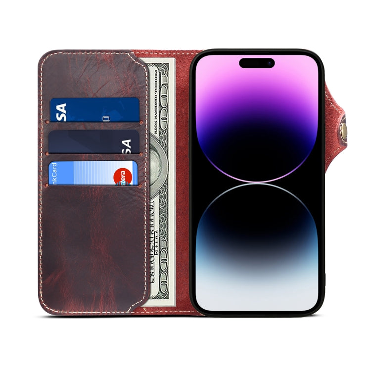 For iPhone 15 Plus Denior Oil Wax Cowhide Magnetic Button Genuine Leather Case(Dark Red) - HoMEdemic™ 