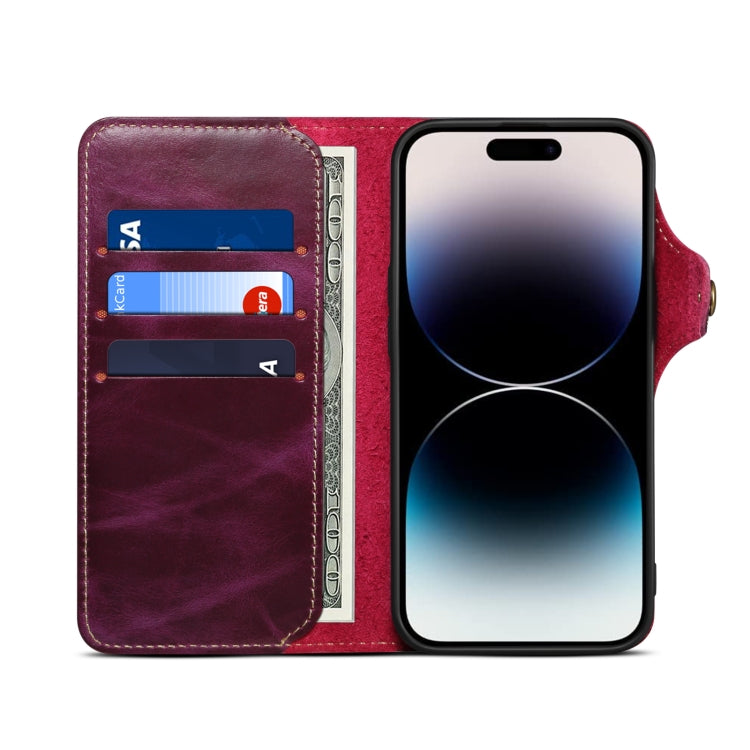 For iPhone 15 Plus Denior Oil Wax Cowhide Magnetic Button Genuine Leather Case(Purple) - HoMEdemic™ 