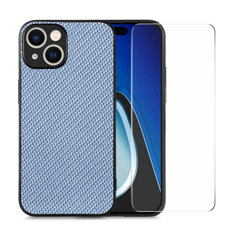 For iPhone 15 Plus ENKAY Fiber Leather Skin PC Phone Case with High Aluminum-silicon Glass Film(Blue) - HoMEdemic™ 