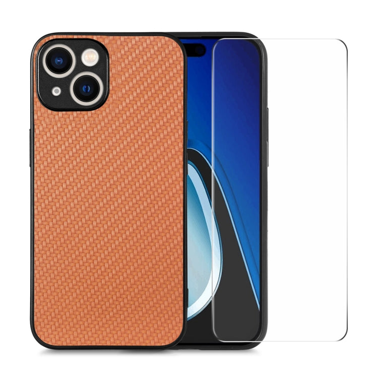 For iPhone 15 Plus ENKAY Fiber Leather Skin PC Phone Case with High Aluminum-silicon Glass Film(Brown) - HoMEdemic™ 