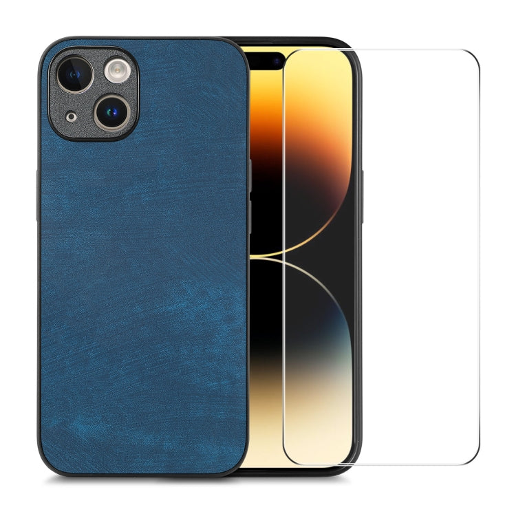 For iPhone 15 Plus ENKAY Retro Leather Skin PC Phone Case with High Aluminum-silicon Glass Film(Blue) - HoMEdemic™ 