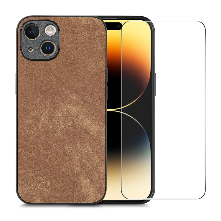 For iPhone 15 Plus ENKAY Retro Leather Skin PC Phone Case with High Aluminum-silicon Glass Film(Brown) - HoMEdemic™ 