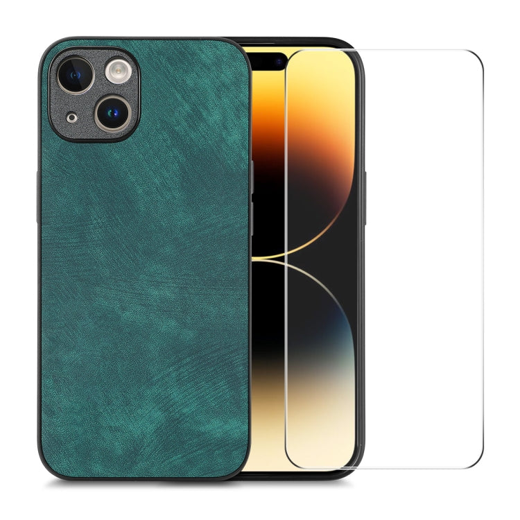 For iPhone 15 Plus ENKAY Retro Leather Skin PC Phone Case with High Aluminum-silicon Glass Film(Green) - HoMEdemic™ 