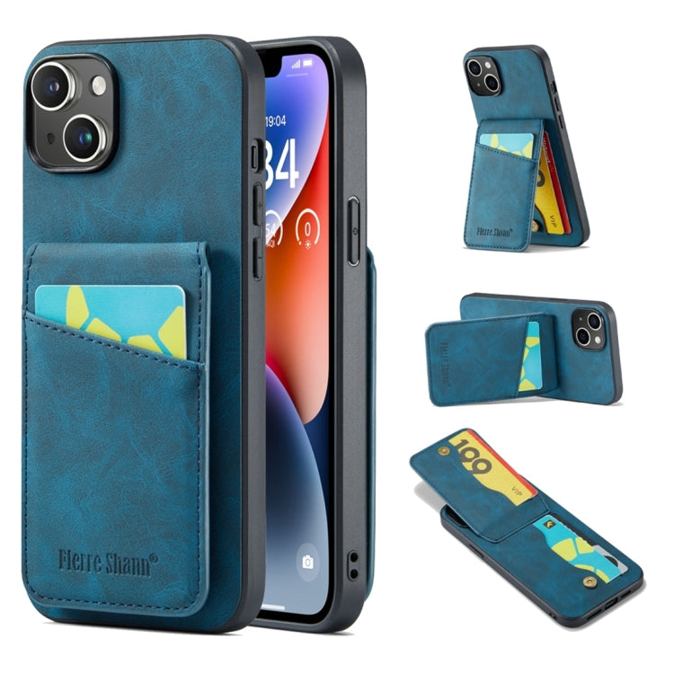 For iPhone 15 Plus Fierre Shann Crazy Horse Card Holder Back Cover PU Phone Case(Blue) - HoMEdemic™ 