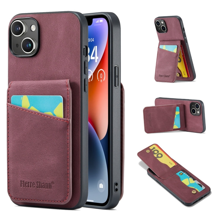 For iPhone 15 Plus Fierre Shann Crazy Horse Card Holder Back Cover PU Phone Case(Wine Red) - HoMEdemic™ 