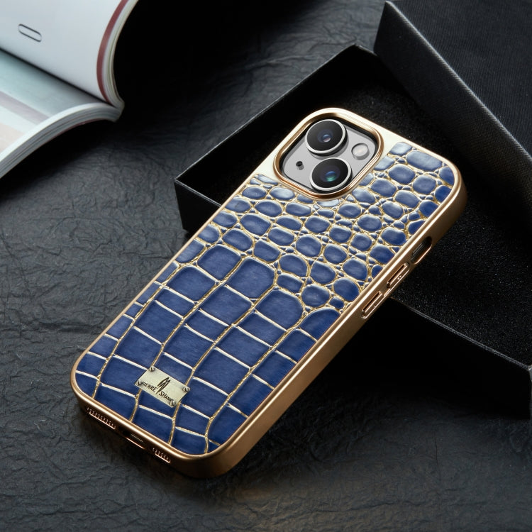For iPhone 15 Plus Fierre Shann Crocodile Texture Electroplating PU Phone Case(Blue) - HoMEdemic™ 