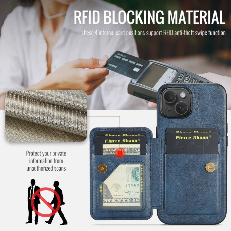 For iPhone 15 Plus Fierre Shann Oil Wax Cow Leather Card Holder Back Phone Case(Blue) - HoMEdemic™ 
