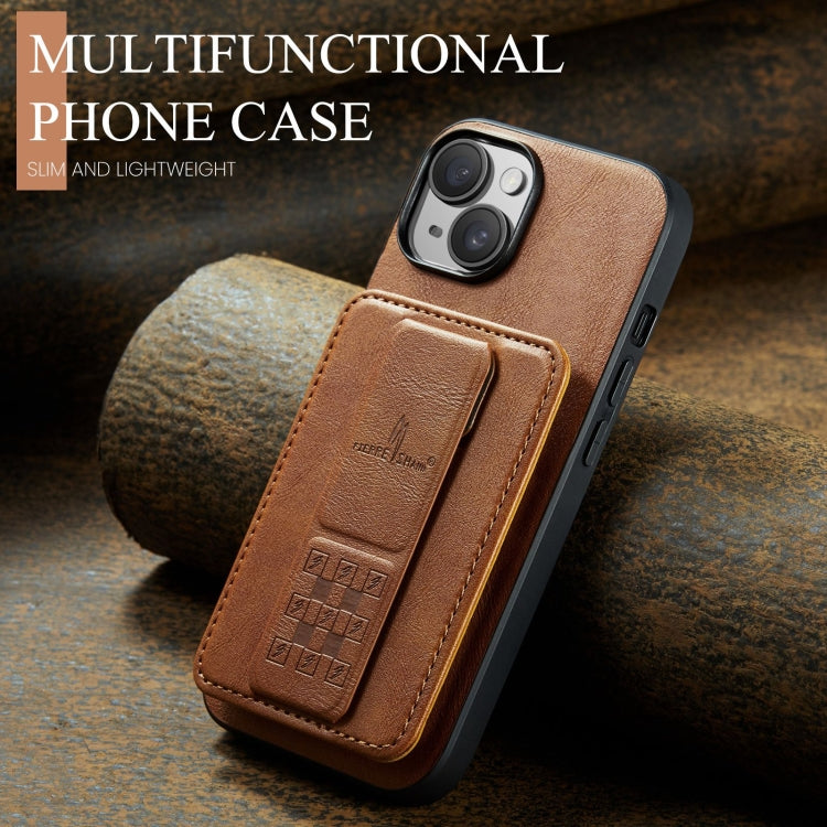 For iPhone 15 Plus Fierre Shann Oil Wax Cow Leather Card Holder Back Phone Case(Brown) - HoMEdemic™ 