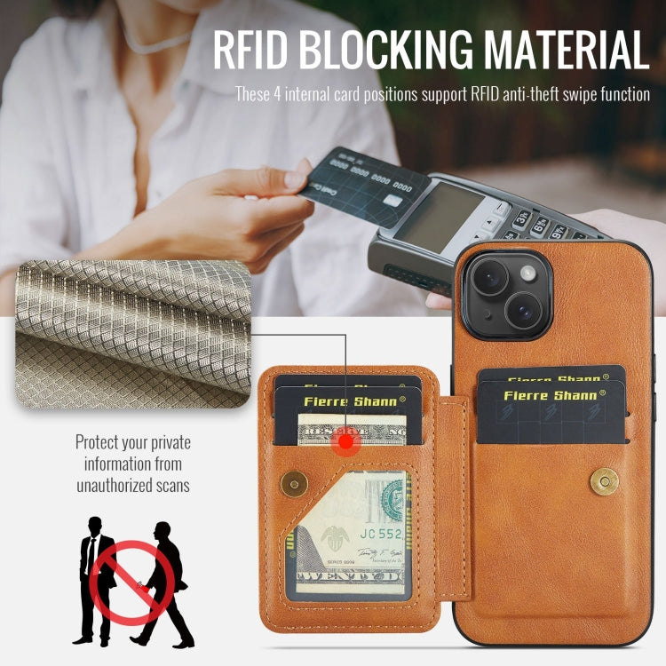 For iPhone 15 Plus Fierre Shann Oil Wax Cow Leather Card Holder Back Phone Case(Brown) - HoMEdemic™ 