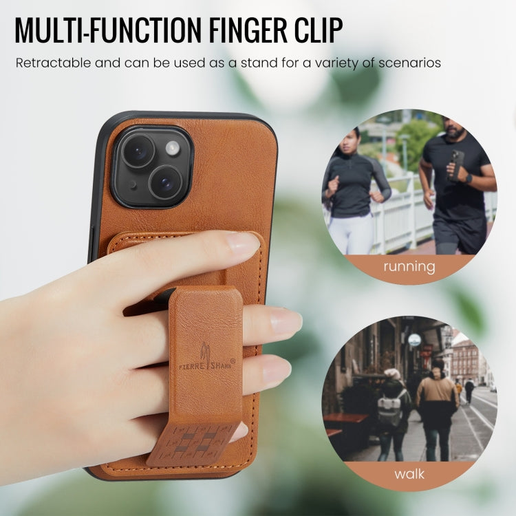 For iPhone 15 Plus Fierre Shann Oil Wax Cow Leather Card Holder Back Phone Case(Brown) - HoMEdemic™ 