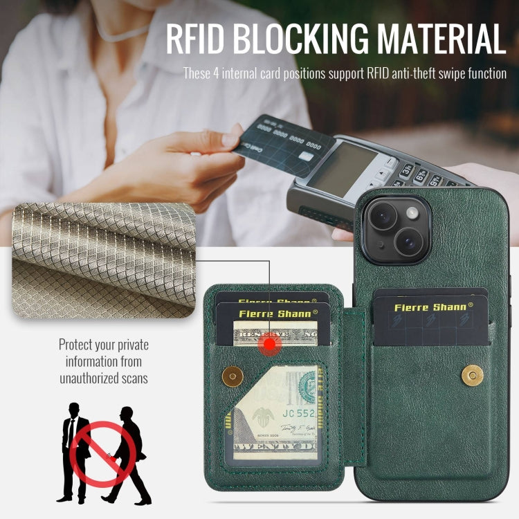 For iPhone 15 Plus Fierre Shann Oil Wax Cow Leather Card Holder Back Phone Case(Green) - HoMEdemic™ 