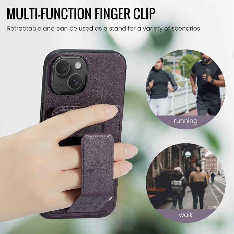 For iPhone 15 Plus Fierre Shann Oil Wax Cow Leather Card Holder Back Phone Case(Purple) - HoMEdemic™ 