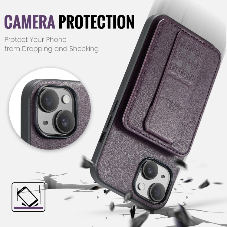 For iPhone 15 Plus Fierre Shann Oil Wax Cow Leather Card Holder Back Phone Case(Purple) - HoMEdemic™ 