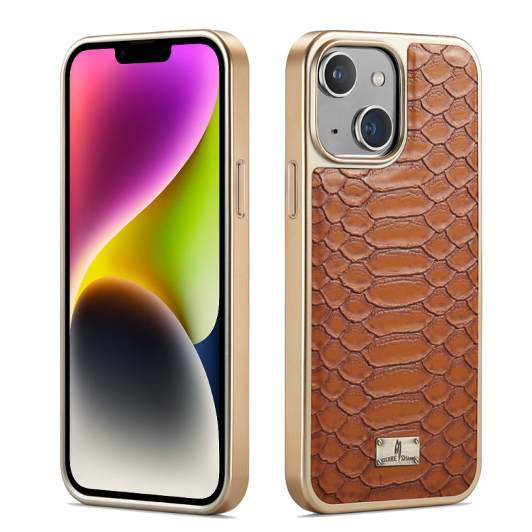 For iPhone 15 Plus Fierre Shann Python Texture Electroplating PU Phone Case(Brown) - HoMEdemic™ 