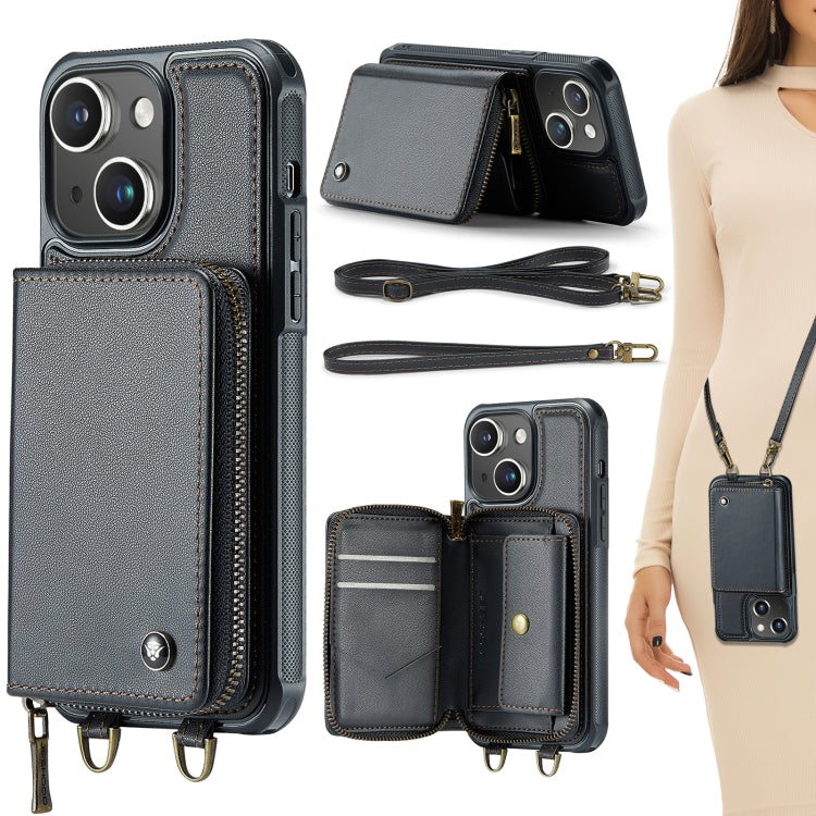 For iPhone 15 Plus JEEHOOD C22 Series Zipper Wallet Leather Phone Case with Dual Lanyard(Black) - HoMEdemic™ 