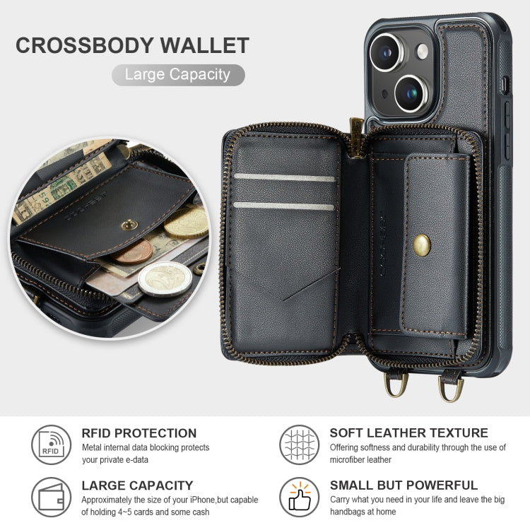 For iPhone 15 Plus JEEHOOD C22 Series Zipper Wallet Leather Phone Case with Dual Lanyard(Black) - HoMEdemic™ 
