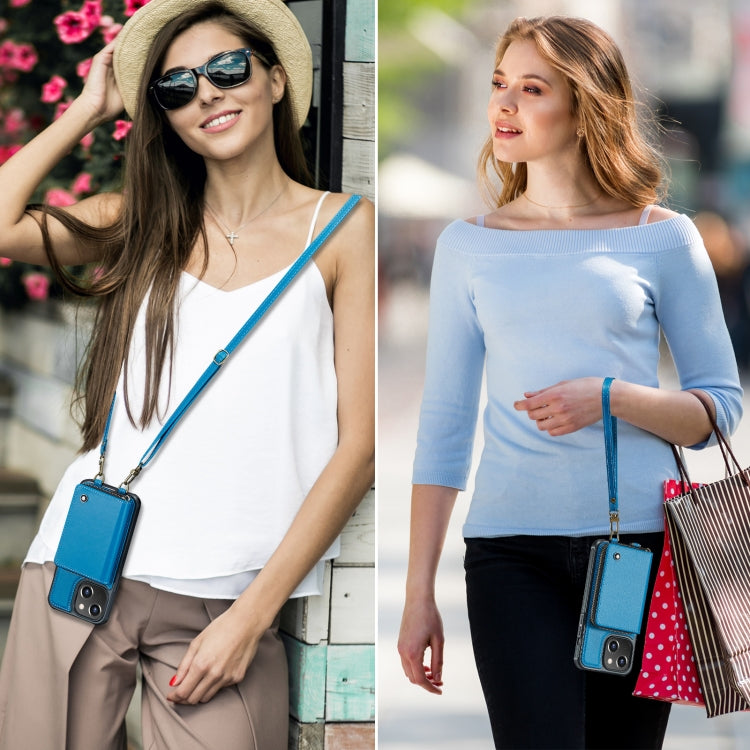 For iPhone 15 Plus JEEHOOD C22 Series Zipper Wallet Leather Phone Case with Dual Lanyard(Blue) - HoMEdemic™ 
