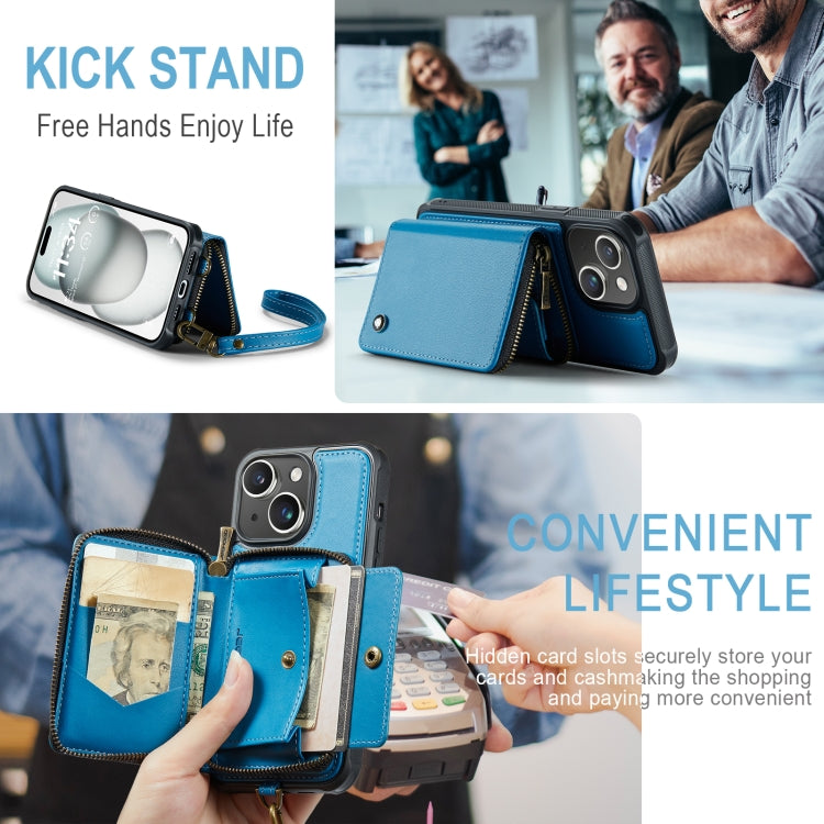 For iPhone 15 Plus JEEHOOD C22 Series Zipper Wallet Leather Phone Case with Dual Lanyard(Blue) - HoMEdemic™ 