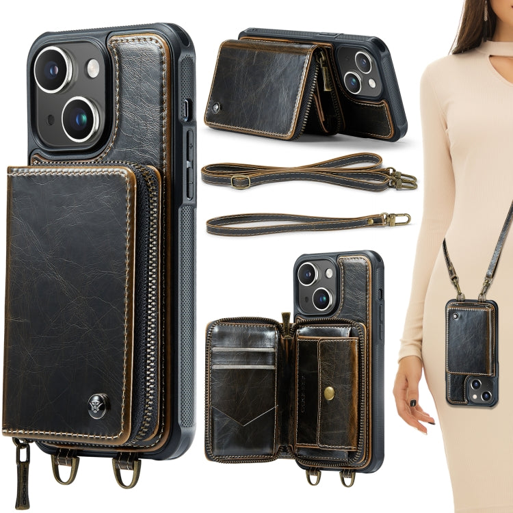 For iPhone 15 Plus JEEHOOD C22 Series Zipper Wallet Leather Phone Case with Dual Lanyard(Coffee) - HoMEdemic™ 