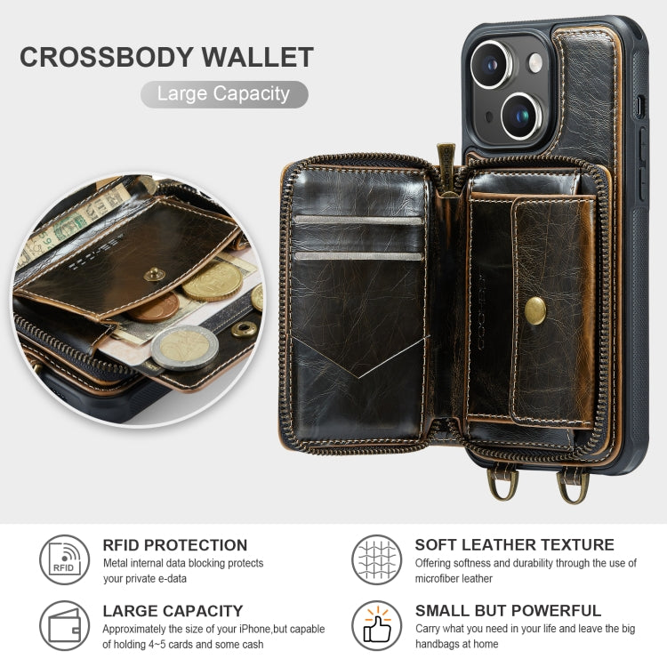 For iPhone 15 Plus JEEHOOD C22 Series Zipper Wallet Leather Phone Case with Dual Lanyard(Coffee) - HoMEdemic™ 
