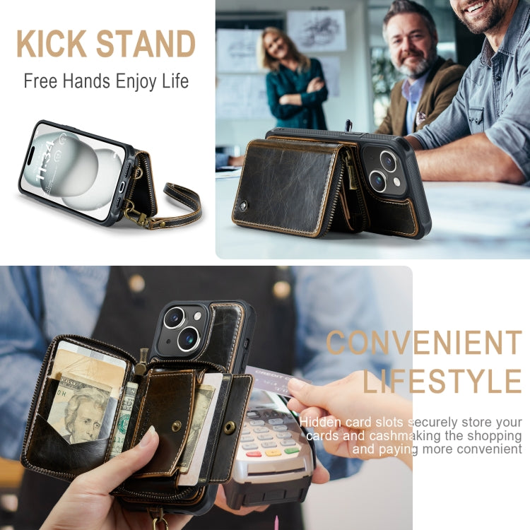 For iPhone 15 Plus JEEHOOD C22 Series Zipper Wallet Leather Phone Case with Dual Lanyard(Coffee) - HoMEdemic™ 