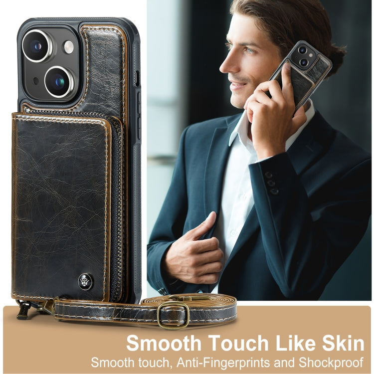 For iPhone 15 Plus JEEHOOD C22 Series Zipper Wallet Leather Phone Case with Dual Lanyard(Coffee) - HoMEdemic™ 