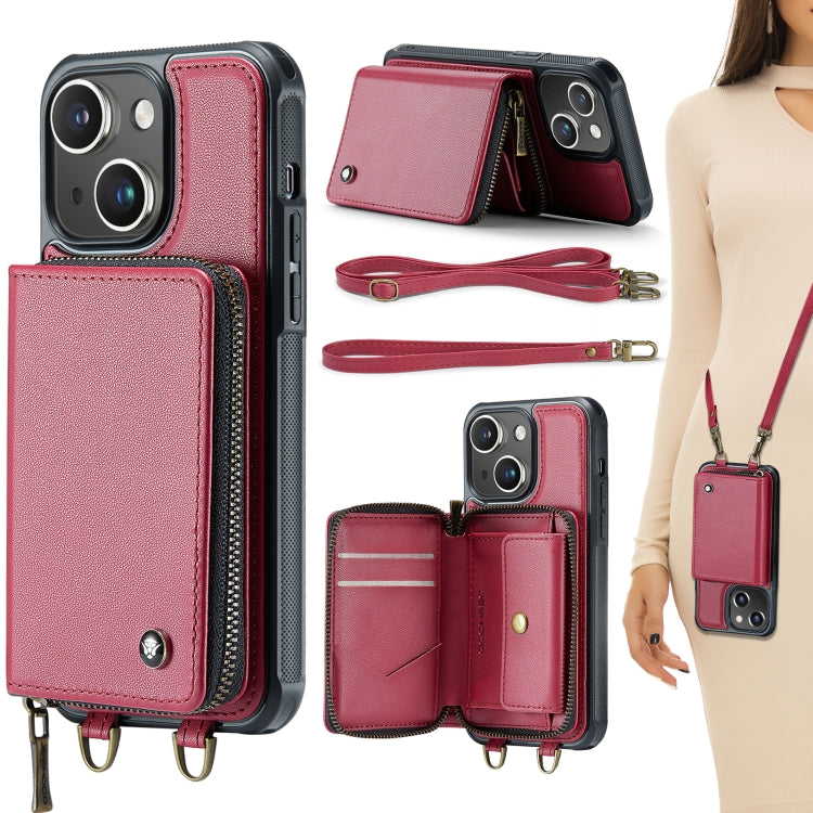For iPhone 15 Plus JEEHOOD C22 Series Zipper Wallet Leather Phone Case with Dual Lanyard(Red) - HoMEdemic™ 