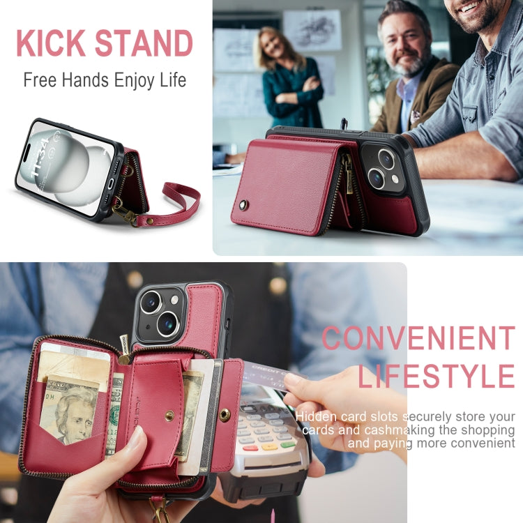 For iPhone 15 Plus JEEHOOD C22 Series Zipper Wallet Leather Phone Case with Dual Lanyard(Red) - HoMEdemic™ 