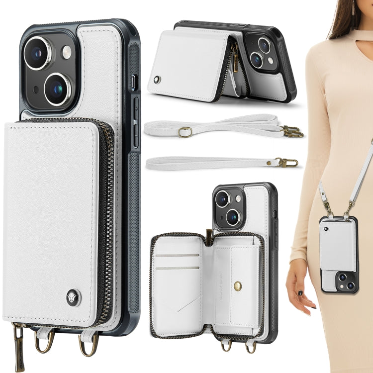 For iPhone 15 Plus JEEHOOD C22 Series Zipper Wallet Leather Phone Case with Dual Lanyard(White) - HoMEdemic™ 