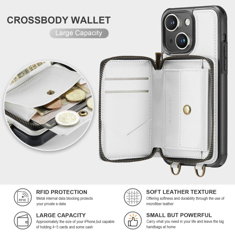 For iPhone 15 Plus JEEHOOD C22 Series Zipper Wallet Leather Phone Case with Dual Lanyard(White) - HoMEdemic™ 