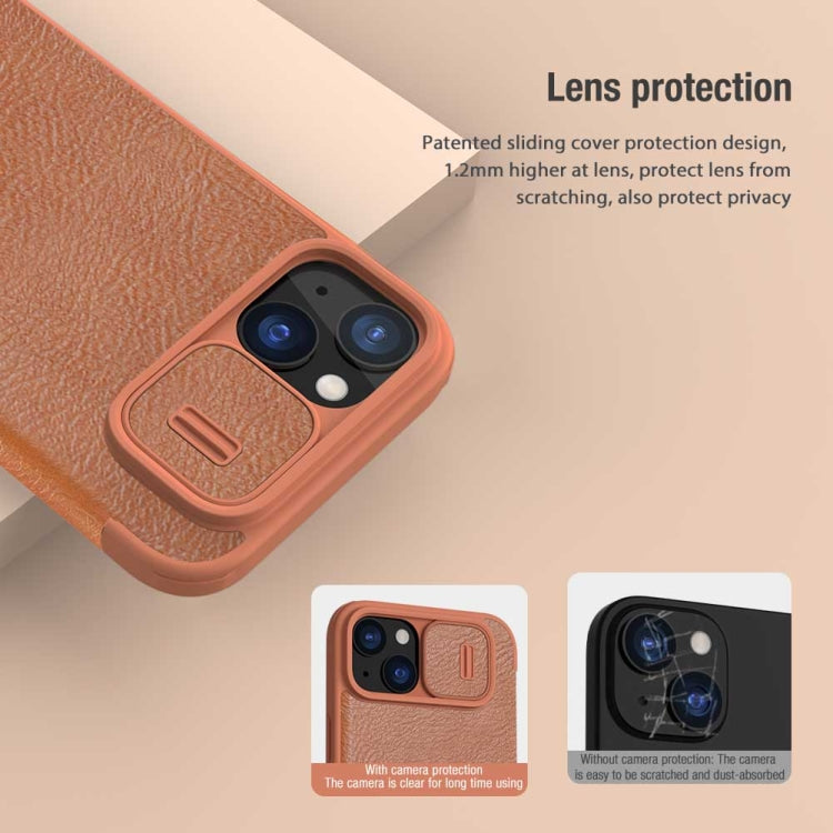 For iPhone 15 Plus NILLKIN QIN Series Pro Sliding Camera Cover Design Leather Phone Case(Brown) - HoMEdemic™ 