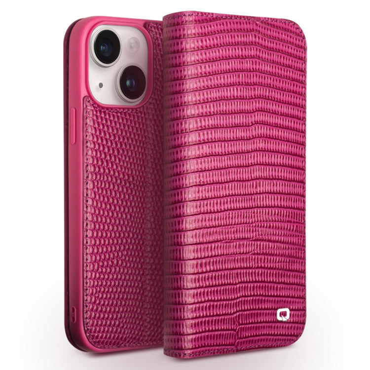 For iPhone 15 Plus QIALINO Little Crocodile Texture Genuine Leather Phone Case(Rose Red) - HoMEdemic™ 