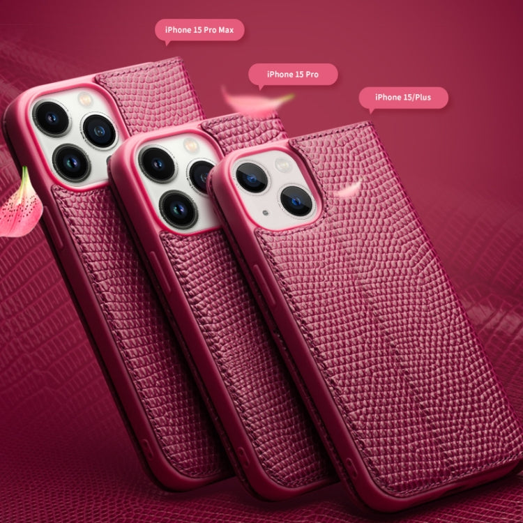 For iPhone 15 Plus QIALINO Little Crocodile Texture Genuine Leather Phone Case(Rose Red) - HoMEdemic™ 