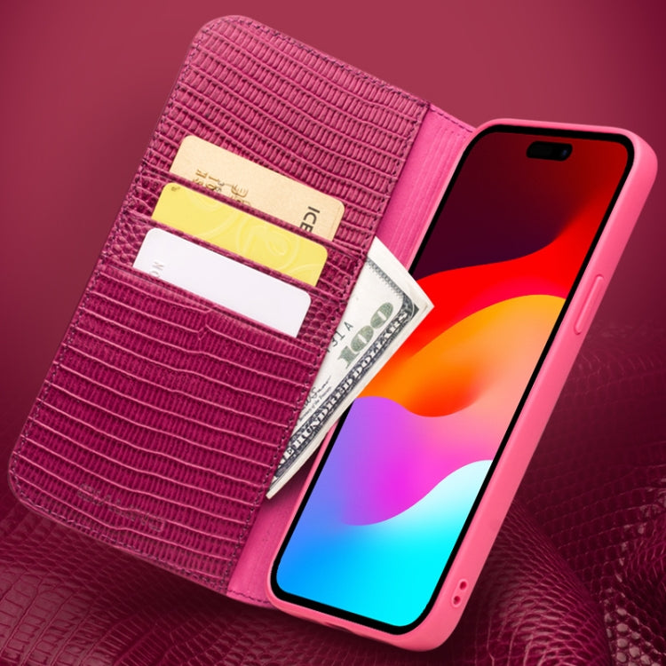 For iPhone 15 Plus QIALINO Little Crocodile Texture Genuine Leather Phone Case(Rose Red) - HoMEdemic™ 