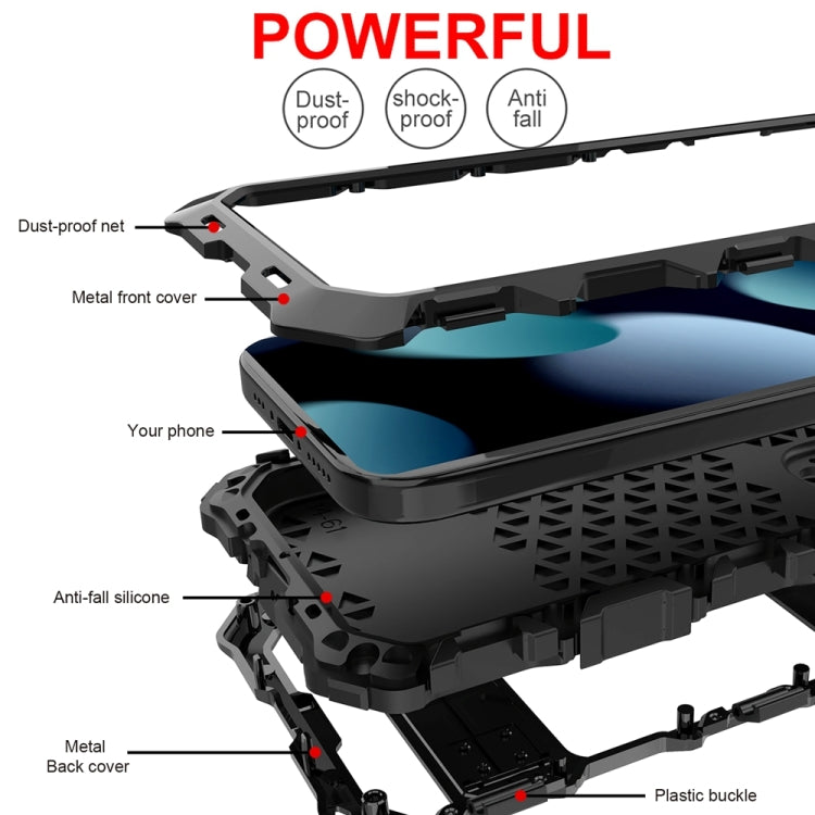 For iPhone 15 Plus R-JUST Metal + Silicone + Tempered Glass Life Waterproof Phone Case with Holder(Black) - HoMEdemic™ 