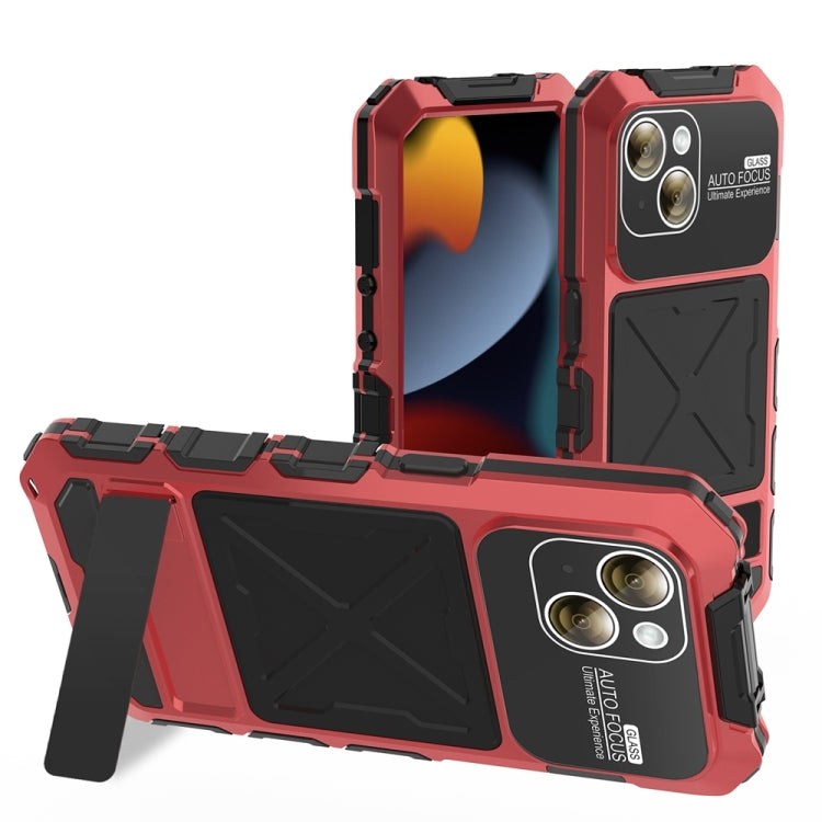 For iPhone 15 Plus R-JUST Metal + Silicone + Tempered Glass Life Waterproof Phone Case with Holder(Red) - HoMEdemic™ 