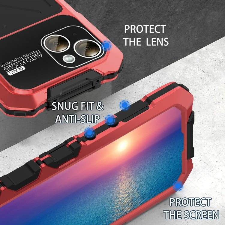For iPhone 15 Plus R-JUST Metal + Silicone + Tempered Glass Life Waterproof Phone Case with Holder(Red) - HoMEdemic™ 