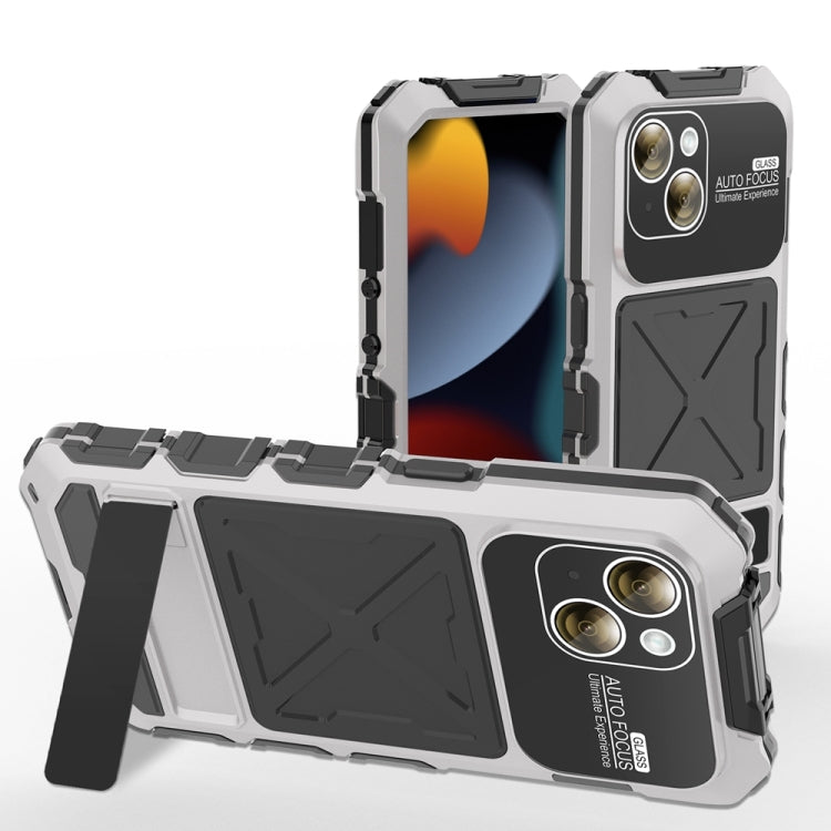 For iPhone 15 Plus R-JUST Metal + Silicone + Tempered Glass Life Waterproof Phone Case with Holder(Silver) - HoMEdemic™ 