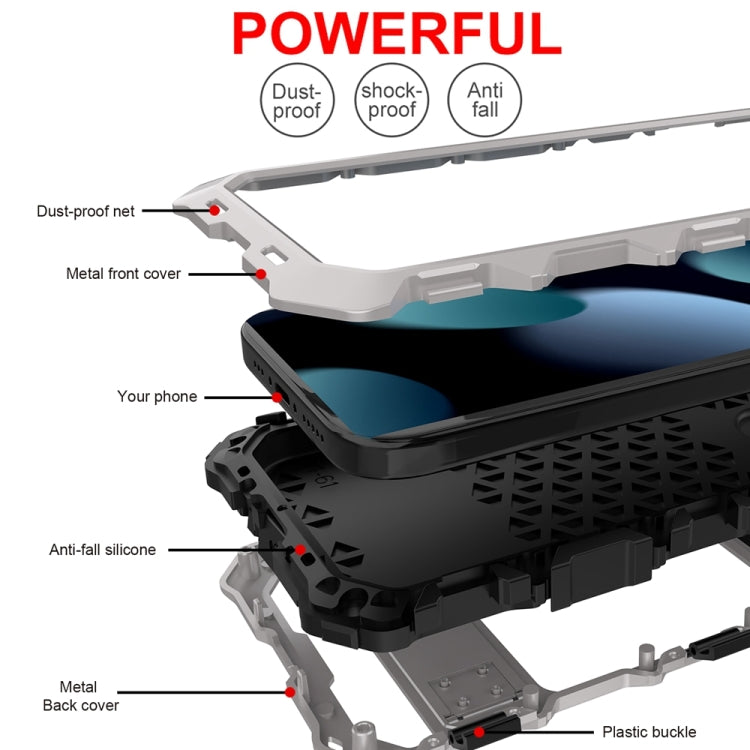 For iPhone 15 Plus R-JUST Metal + Silicone + Tempered Glass Life Waterproof Phone Case with Holder(Silver) - HoMEdemic™ 