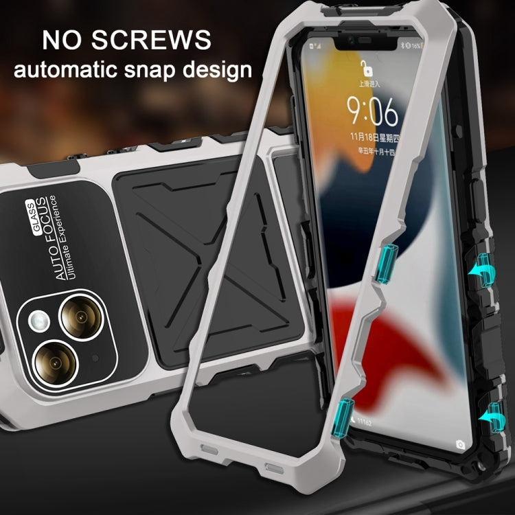 For iPhone 15 Plus R-JUST Metal + Silicone + Tempered Glass Life Waterproof Phone Case with Holder(Silver) - HoMEdemic™ 