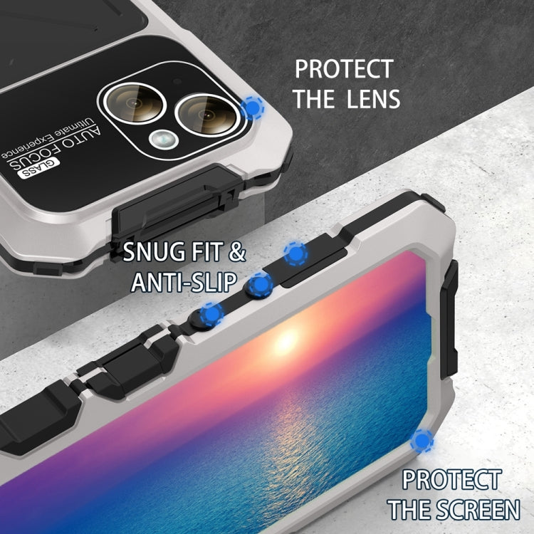 For iPhone 15 Plus R-JUST Metal + Silicone + Tempered Glass Life Waterproof Phone Case with Holder(Silver) - HoMEdemic™ 