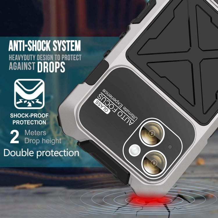 For iPhone 15 Plus R-JUST Metal + Silicone + Tempered Glass Life Waterproof Phone Case with Holder(Silver) - HoMEdemic™ 