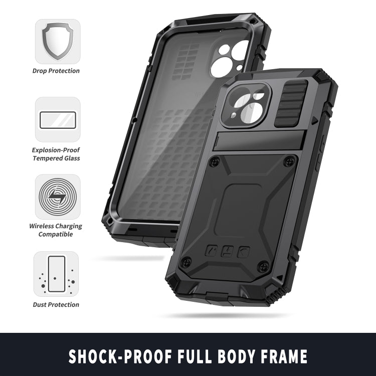 For iPhone 15 Plus R-JUST Shockproof Life Waterproof Dust-proof Metal + Silicone Phone Case with Holder(Black) - HoMEdemic™ 