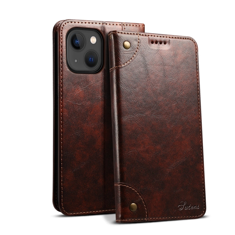 For iPhone 15 Plus Suteni Baroque Calf Texture Buckle Wallet Leather Phone Case(Brown) - HoMEdemic™ 