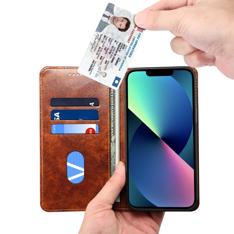 For iPhone 15 Plus Suteni Baroque Calf Texture Buckle Wallet Leather Phone Case(Khaki) - HoMEdemic™ 